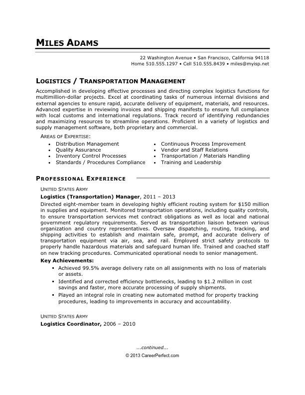 Military-to-Civilian Conversion  - Sample Resume for Logistics (after) [page 1]