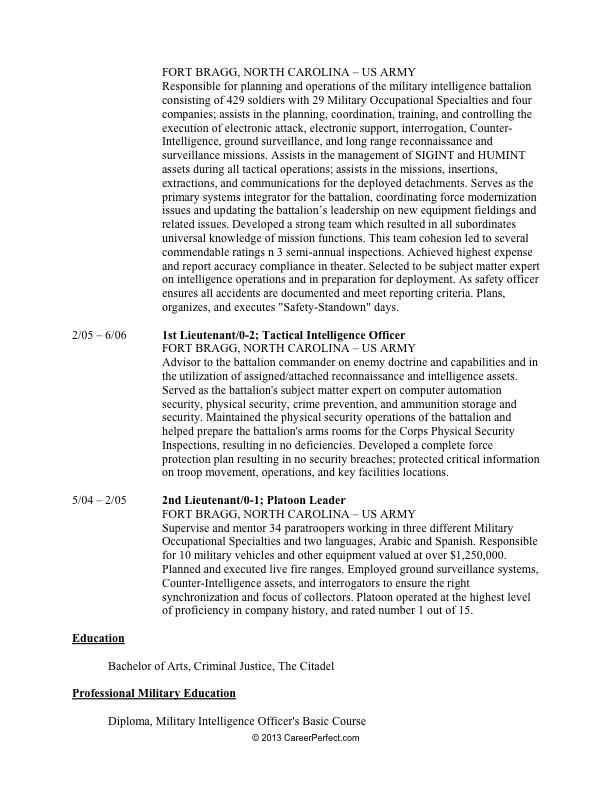 Military-to-Civilian Conversion  - Sample Resume for Management (before) [page 3]